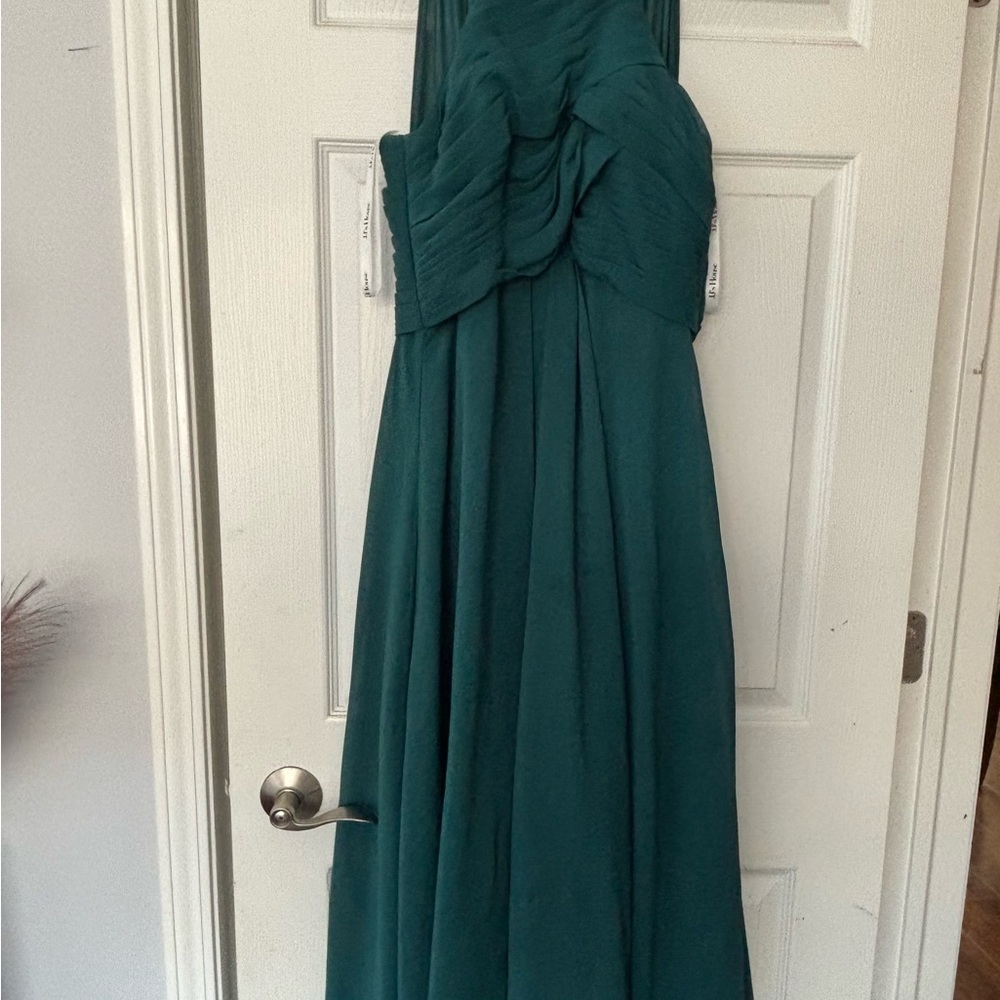 JJs House Green Ruched Tie Front One Shoulder Gown